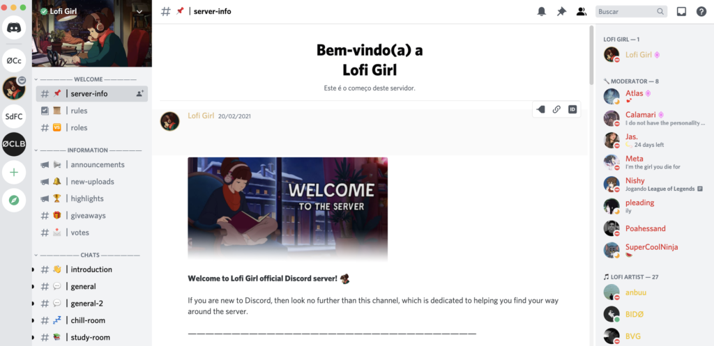 Servidor do Lofi Girl no Discord, um dos mais populares de música